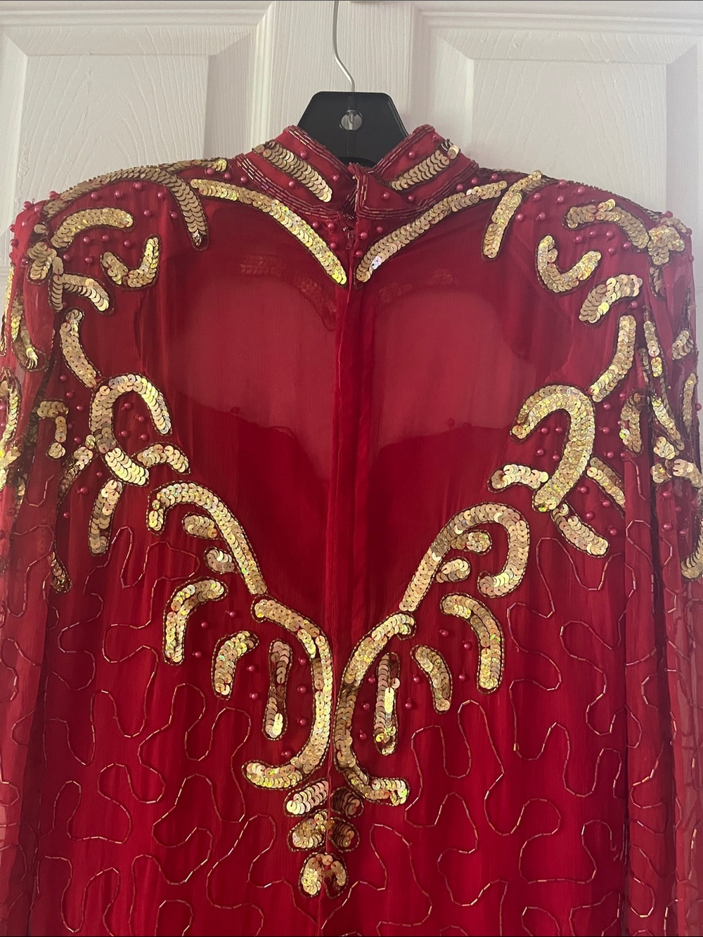 Laurence Kazar Red Long Sleeve Evening Gown with Gold Embellishment - Picture 5 of 6